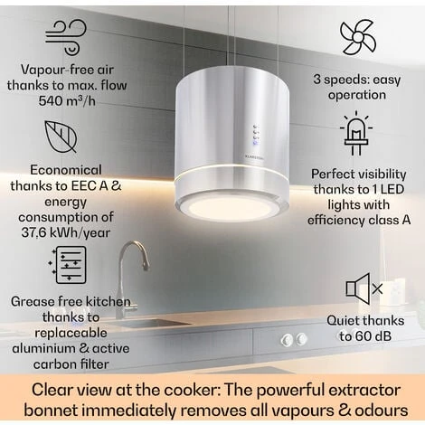 Klarstein Tron Ambience Island Extractor Hood Ø38cm Convection 540m³ / H LED Stainless Steel 4 Klarstein Tron Ambience Island Extractor Hood Ø38cm Convection 540m³ / H LED Stainless Steel - Image 2