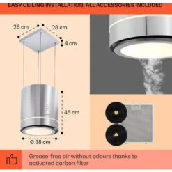 Klarstein Tron Ambience Island Extractor Hood Ø38cm Convection 540m³ / H LED Stainless Steel 11 Klarstein Tron Ambience Island Extractor Hood Ø38cm Convection 540m³ / H LED Stainless Steel -Home Appliance Store 22969593 5