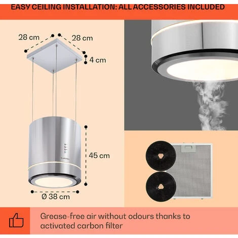 Klarstein Tron Ambience Island Extractor Hood Ø38cm Convection 540m³ / H LED Stainless Steel 7 Klarstein Tron Ambience Island Extractor Hood Ø38cm Convection 540m³ / H LED Stainless Steel - Image 5
